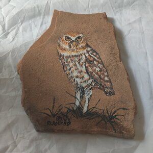 Owl Painting on stone slate, Rustic and beautiful, by artist RL Root 85'